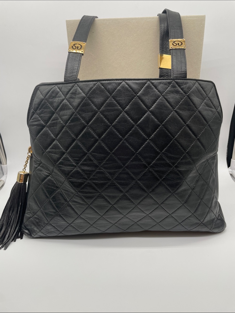 St. John Black Quilted Leather Tote with Gold Accents and Tassel